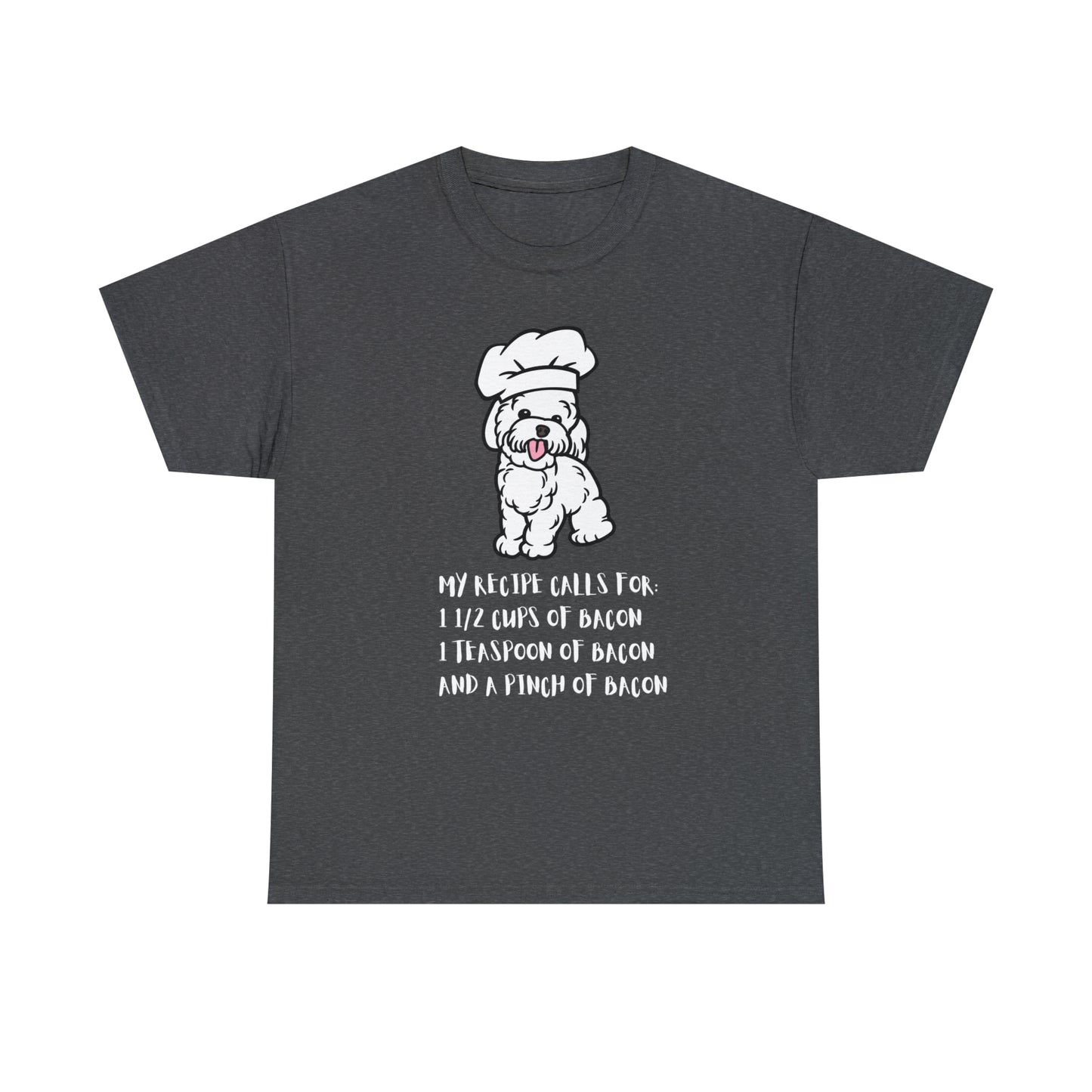 white dog tshirt bacon shirt dark heather front