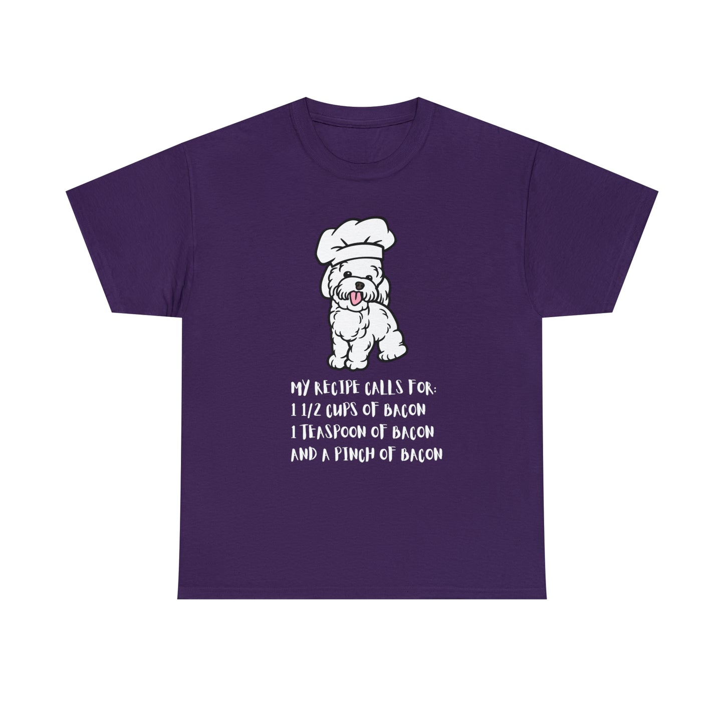 white dog tshirt bacon shirt purple front