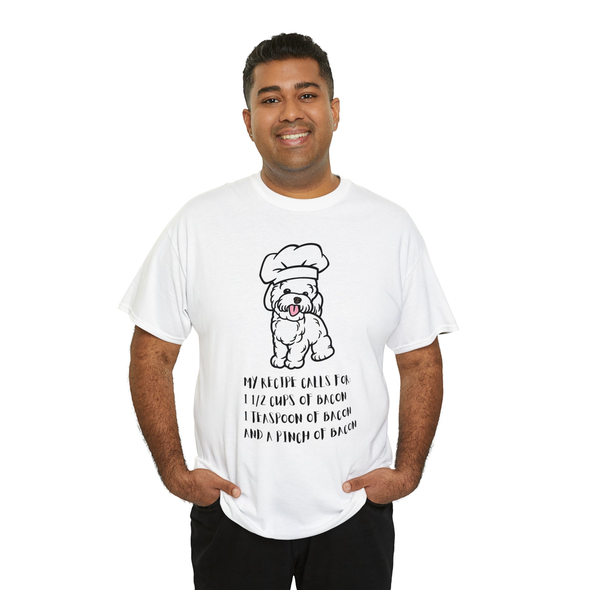 white dog tshirt bacon shirt white front