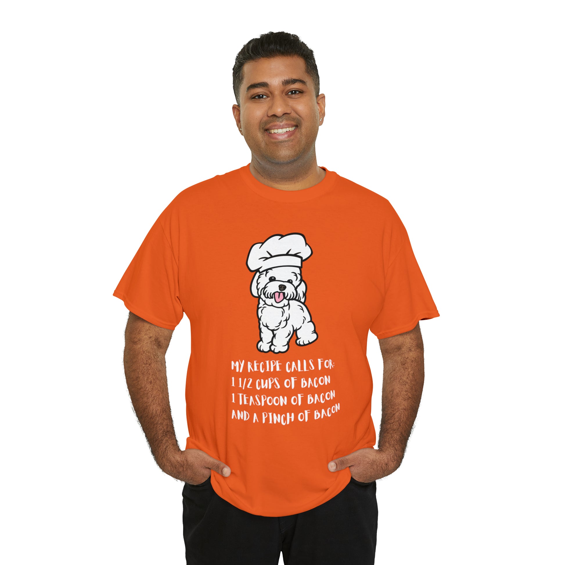 white dog tshirt bacon shirt orange front