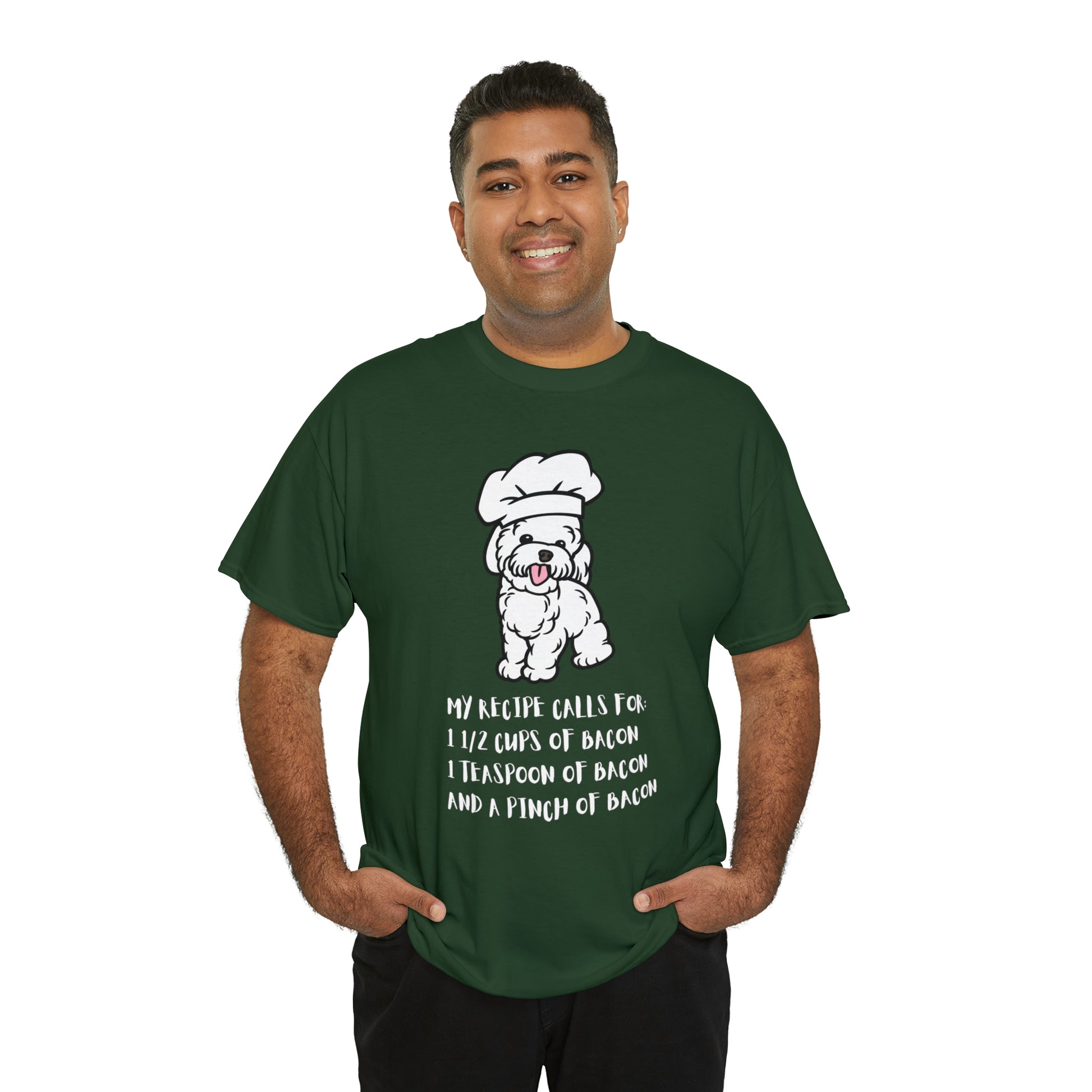 white dog tshirt bacon shirt forest green front