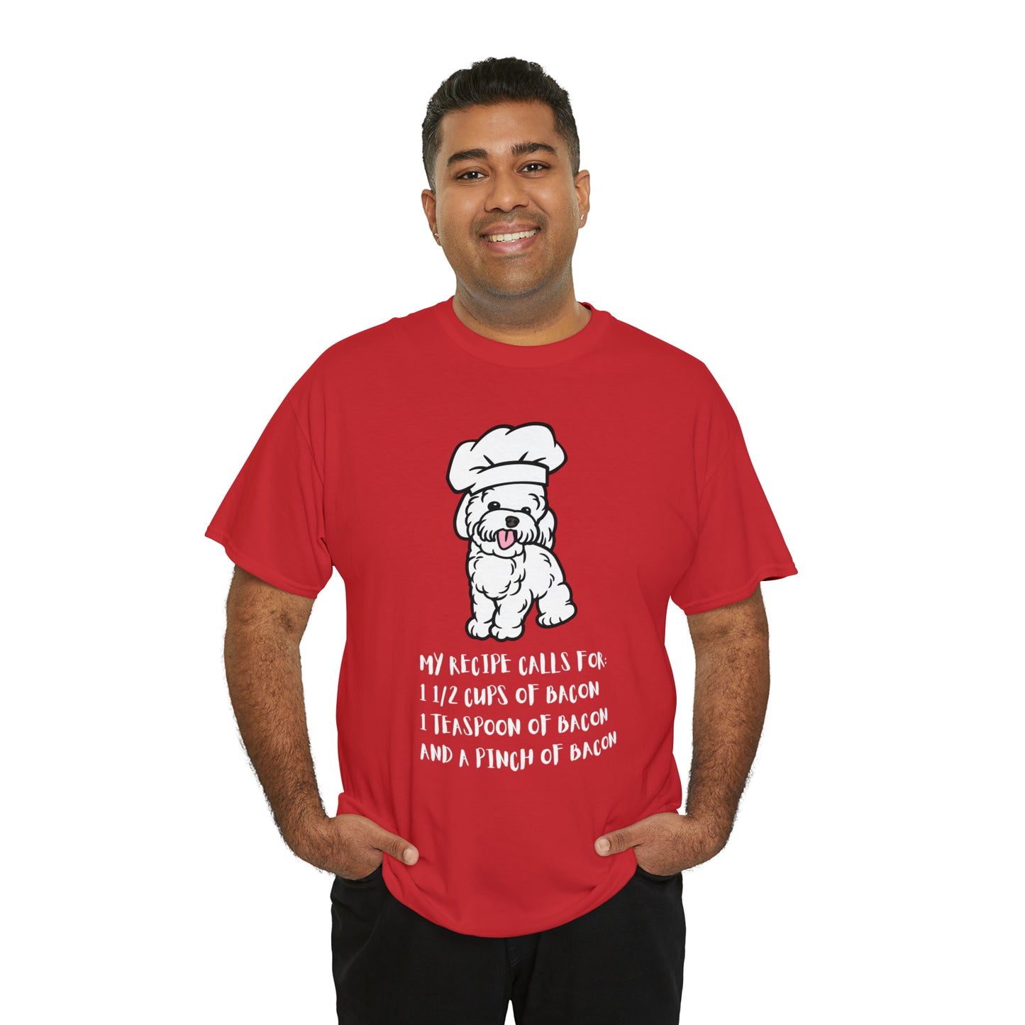 white dog tshirt bacon shirt red front