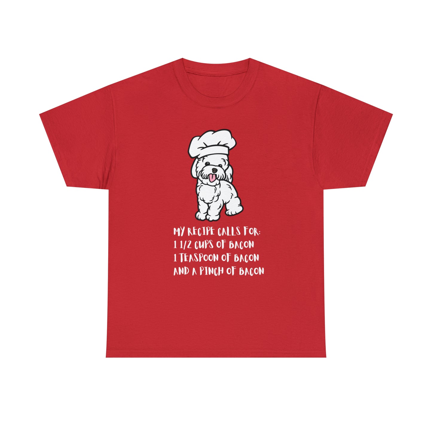 white dog tshirt bacon shirt red front