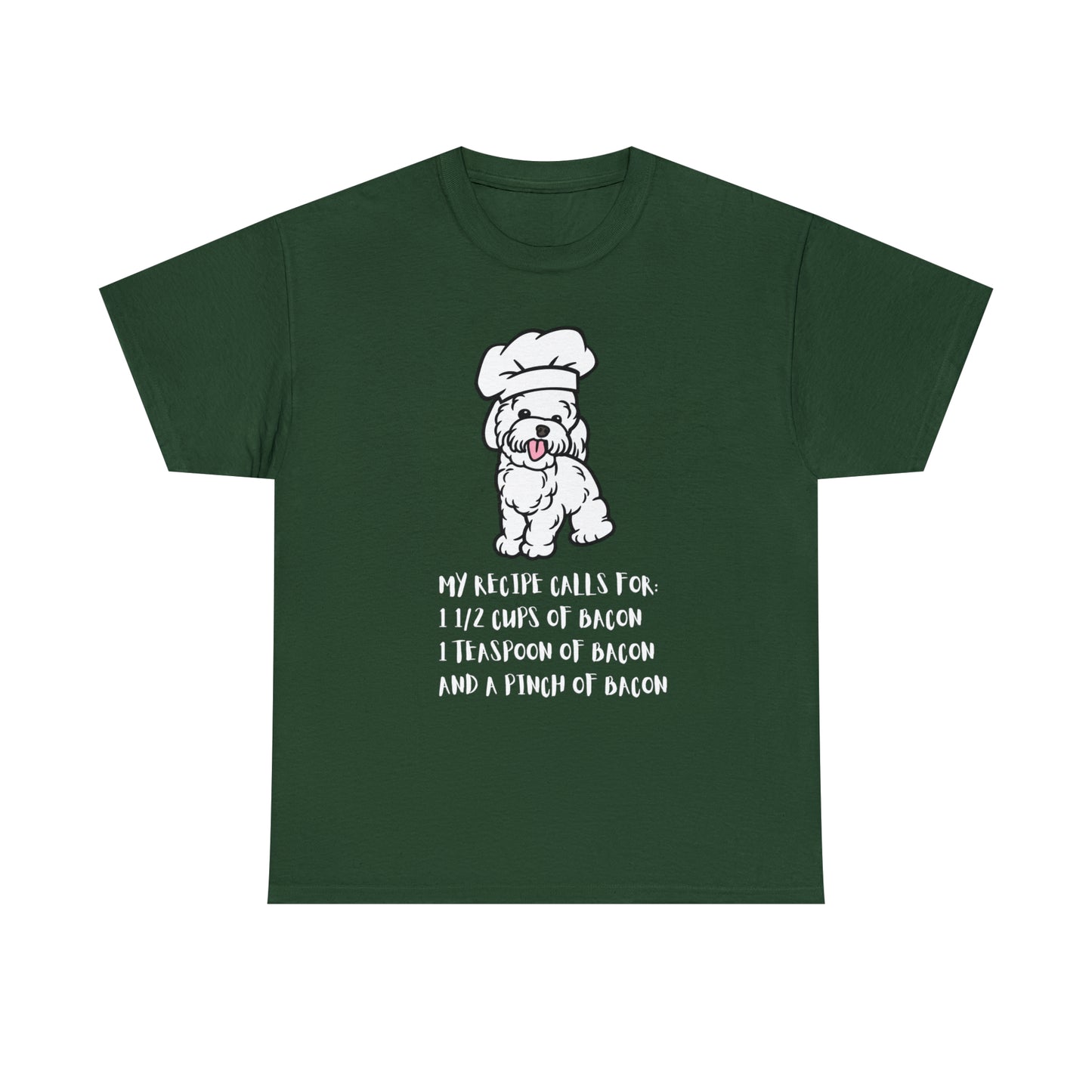 white dog tshirt bacon shirt forest green front