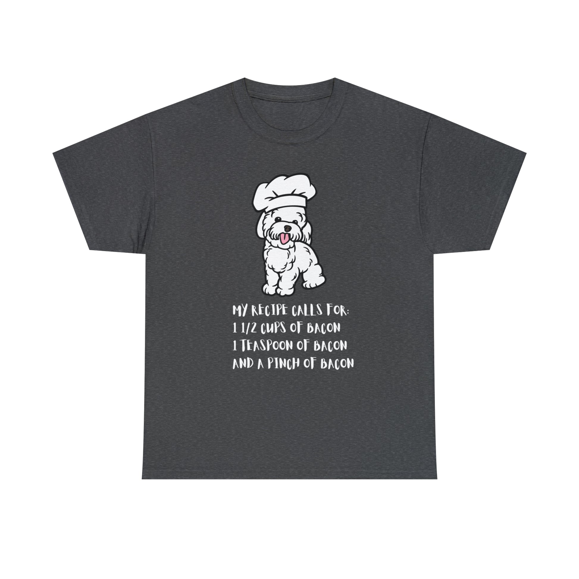 white dog tshirt bacon shirt dark heather  front