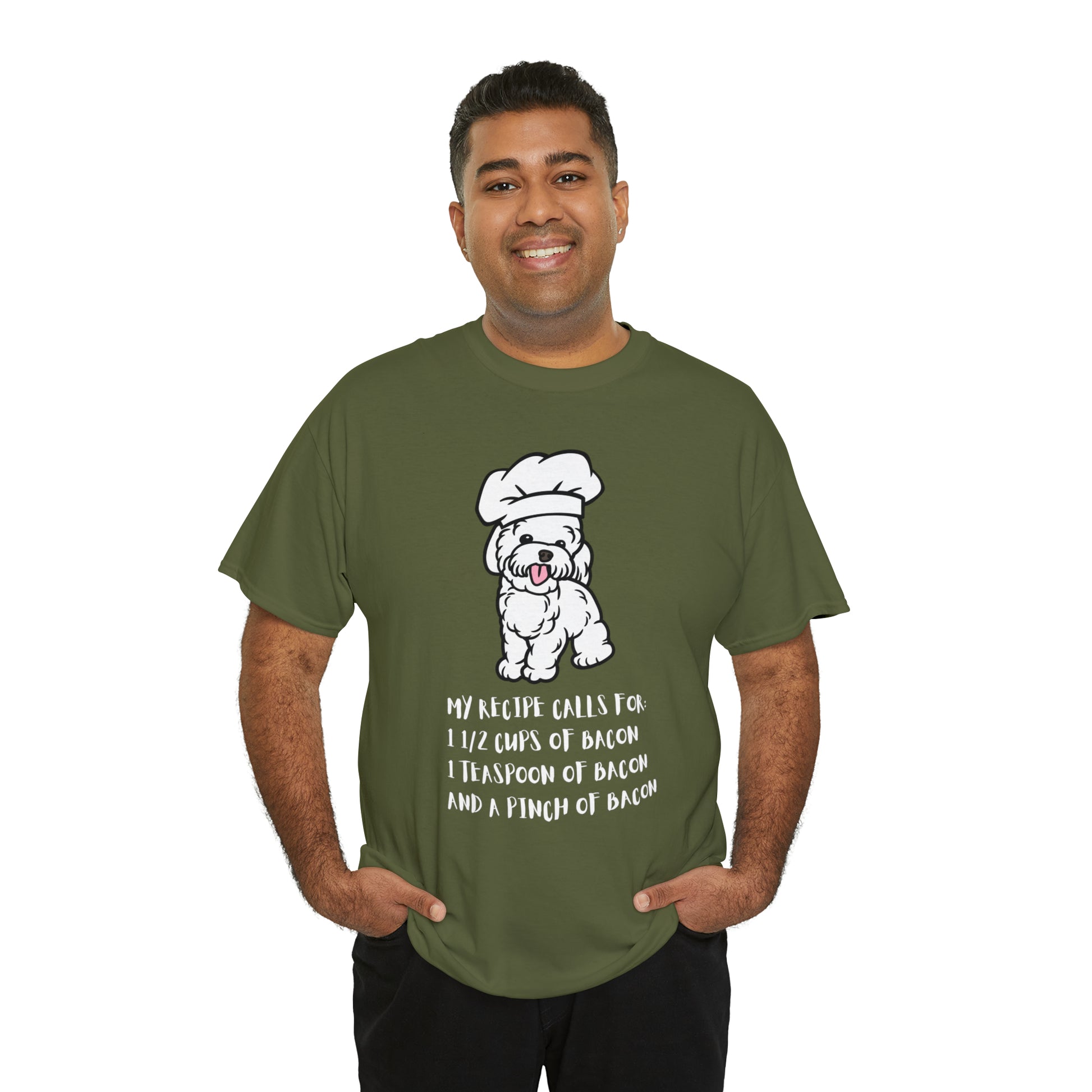 white dog tshirt bacon shirt military green front