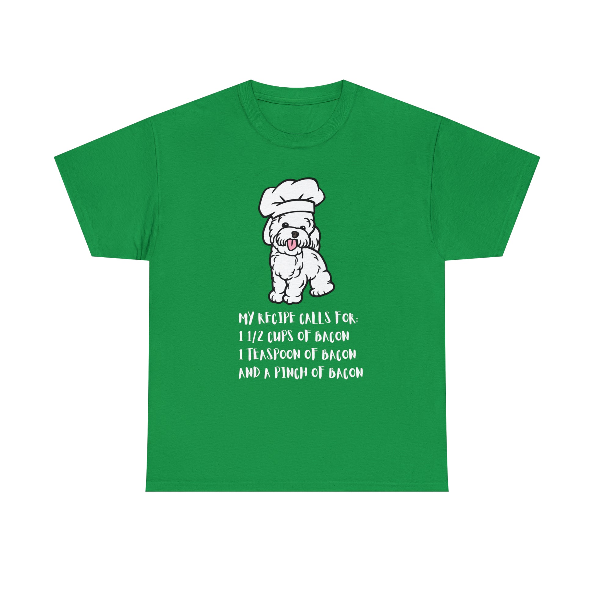 white dog tshirt bacon shirt red front Irish green 