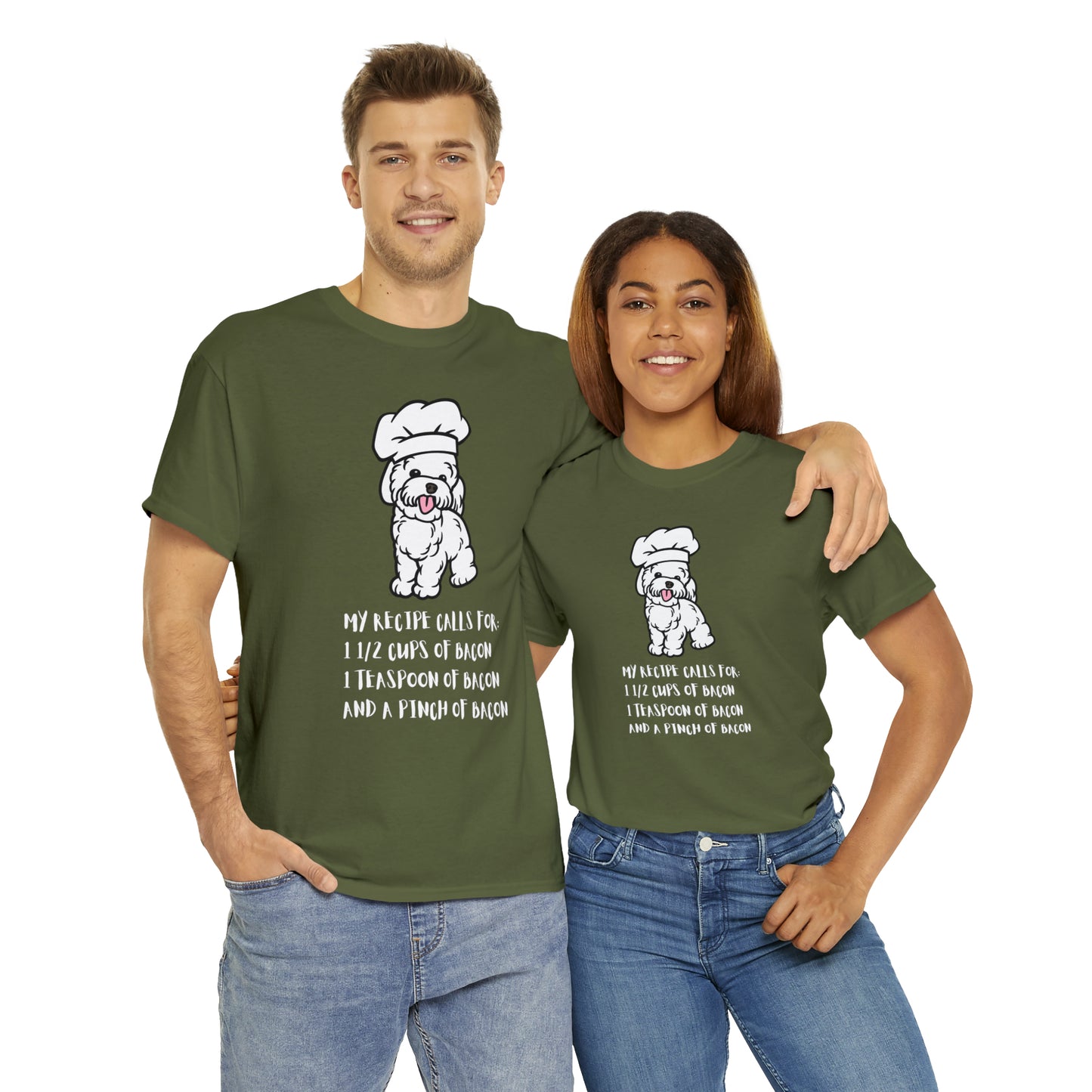 white dog tshirts bacon shirts military green front