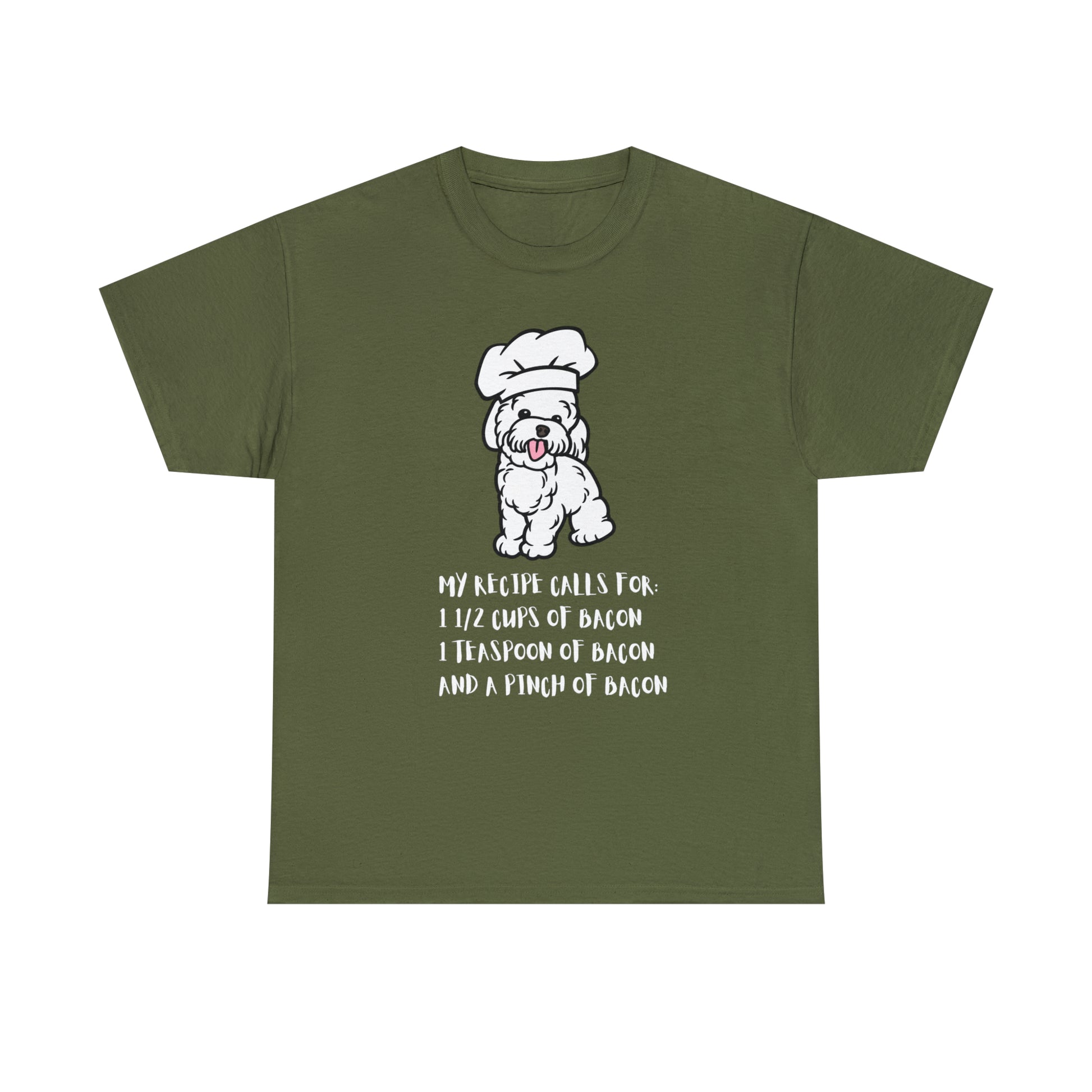 white dog tshirt bacon shirt military green front