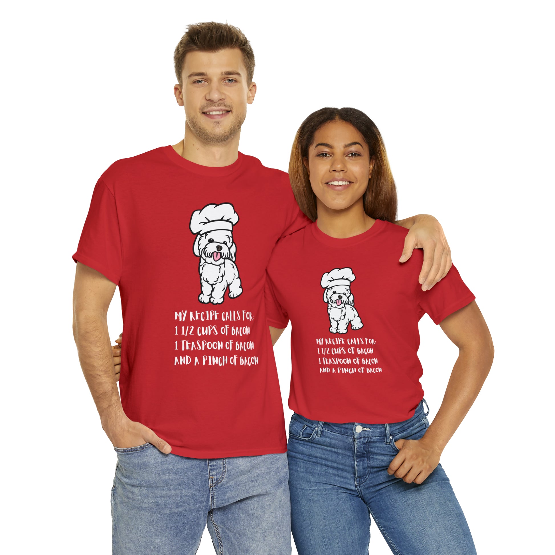 white dog tshirts bacon shirts red front