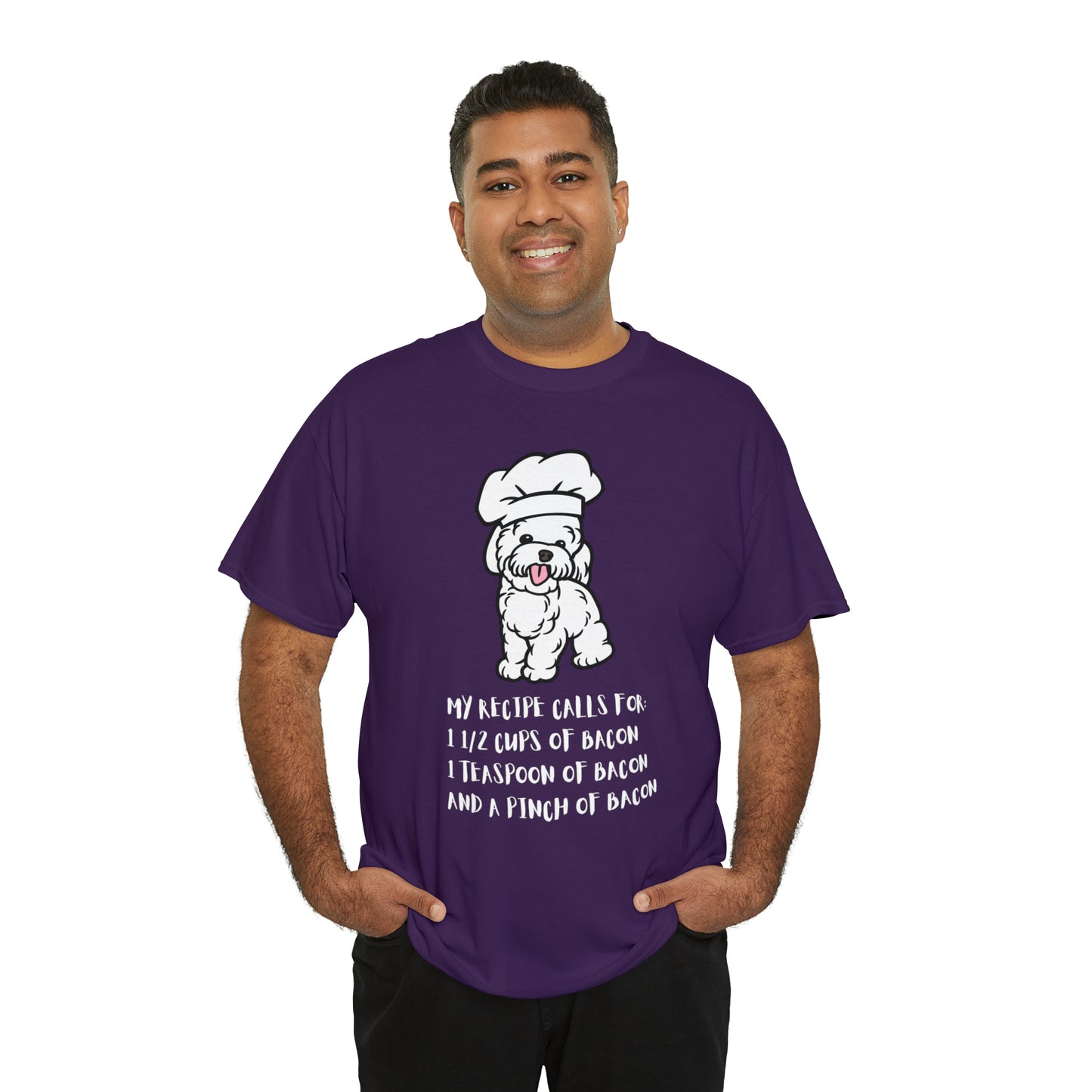 white dog tshirt bacon shirt purple front